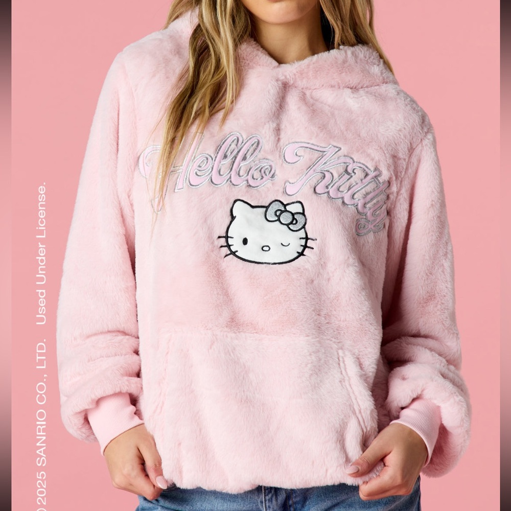 NWT Hello Kitty® Faux Fur Embroidered Hoodie - Pink - Picture 1 of 4